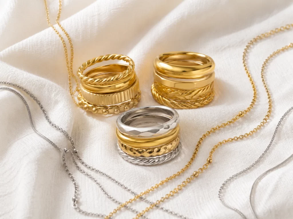 Stacked and layered PVD gold plated jewelry including rings and necklaces on white fabric