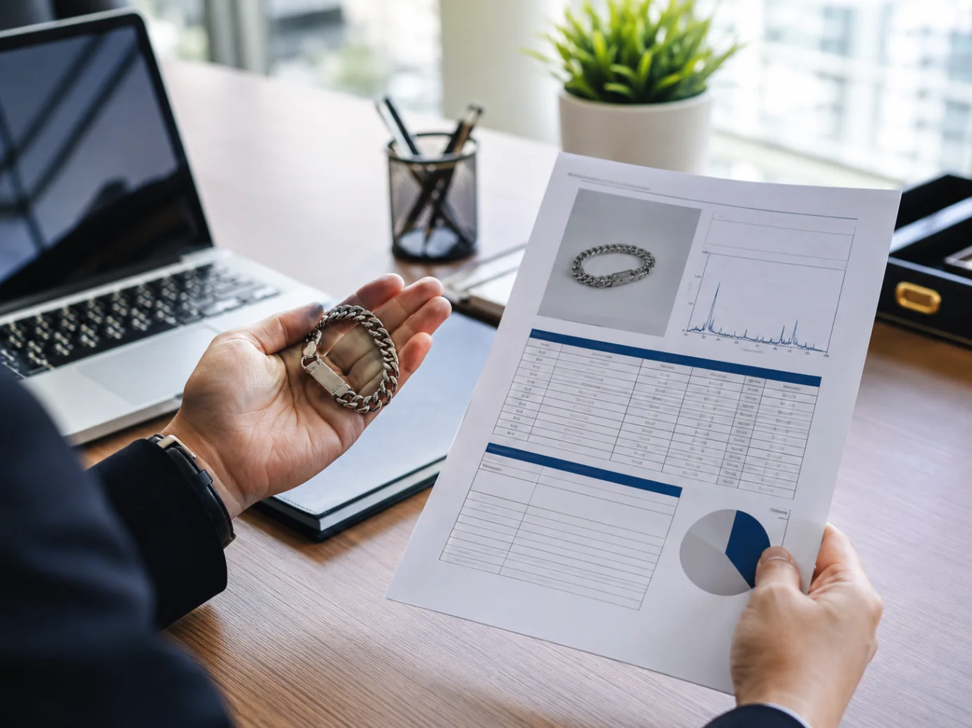 A jewelry brand owner reviewing a genuine 316L stainless steel material test report from an audited manufacturer.