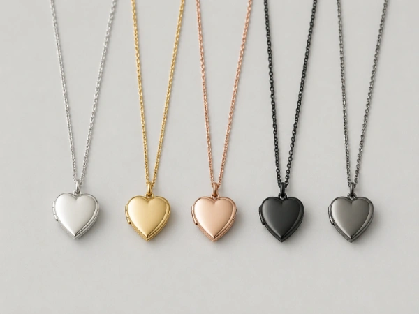 Chain color options for custom stainless steel locket necklaces, including silver, PVD gold, rose gold, black and gunmetal finishes for OEM jewelry collections.