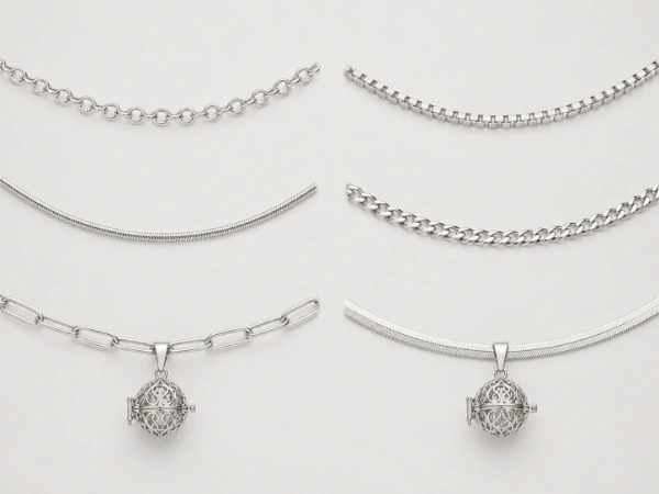 Silver chain style options for custom stainless steel locket necklaces, including rolo, box, snake, curb and paperclip chains for B2B jewelry brands