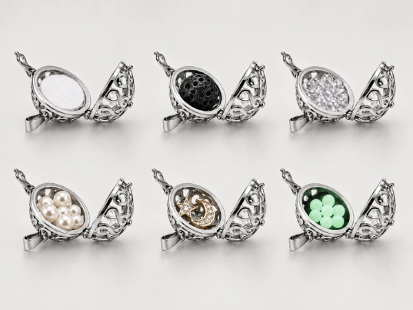 Installed interior examples for custom stainless steel locket necklaces with felt pads, lava beads, crystal beads, pearls, fixed charms and glow beads for bulk OEM and private label production.