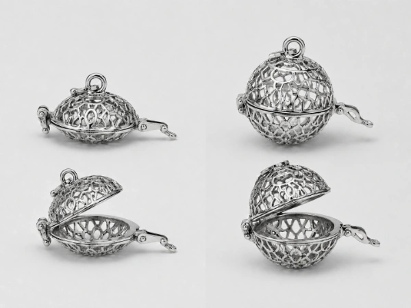 Thin and deep profile options for a custom 316L stainless steel locket necklace, shown in open and closed structures for OEM development