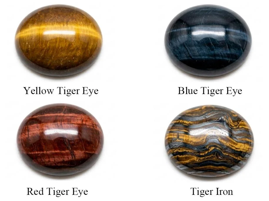 Four types of tiger eye stones: Yellow Tiger Eye, Blue Tiger Eye, Red Tiger Eye, and Tiger Iron cabochons.