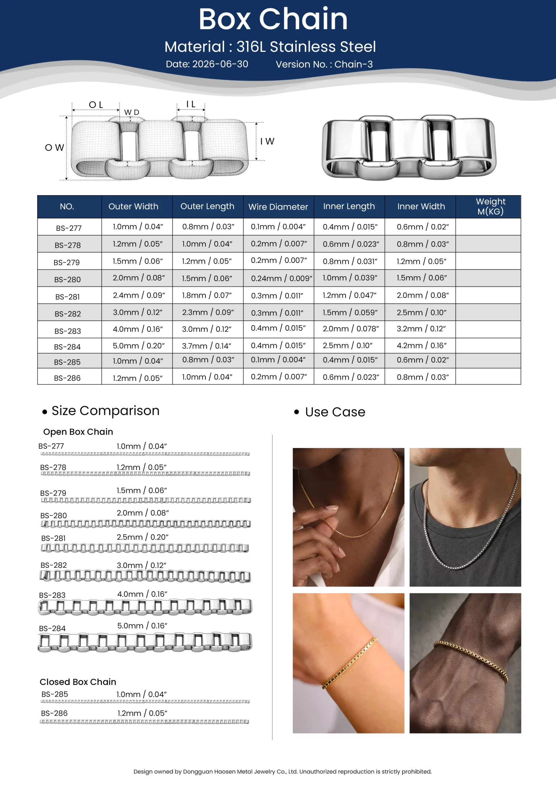 316L stainless steel Box Chain size guide showing outer width, wire diameter and inner dimensions