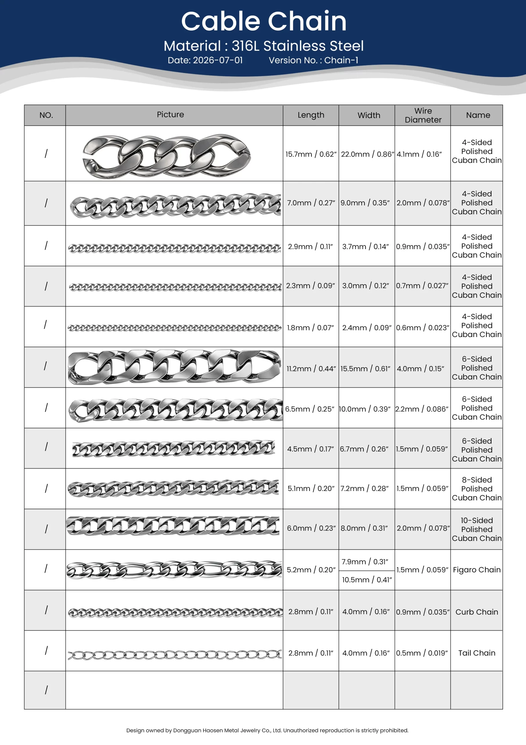 316L stainless steel Cable, Cuban, Figaro and Curb chain sample card with link sizes and wire diameters