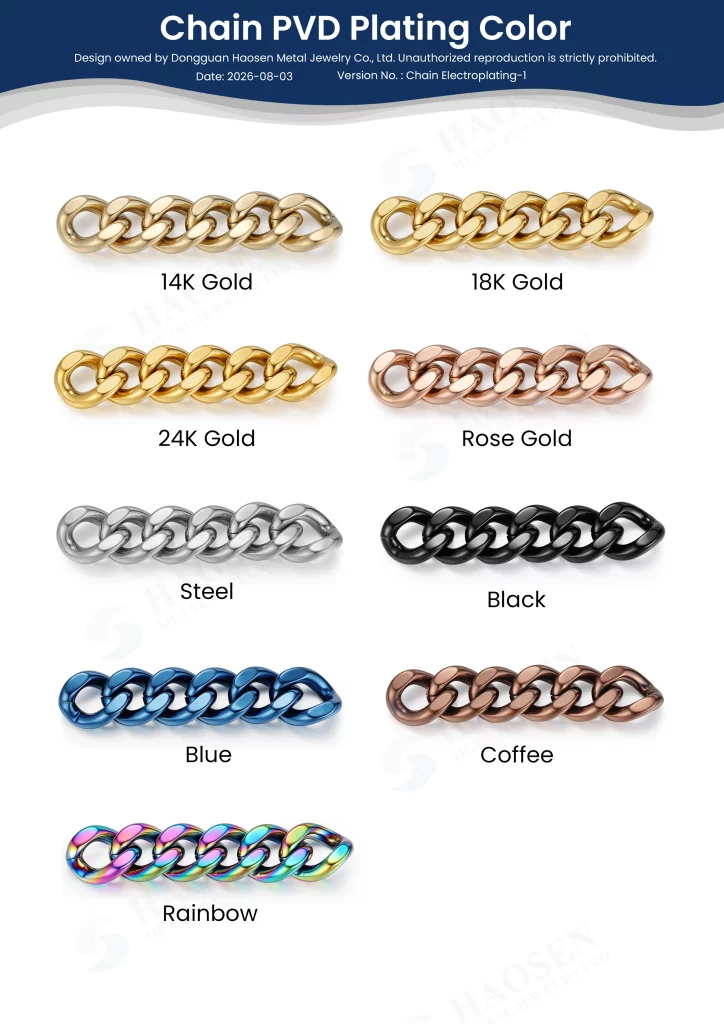 316L stainless steel chain PVD color options including 14K Gold, 18K Gold, 24K Gold, Rose Gold, Rhodium, Black, Light Blue, Coffee and Rainbow