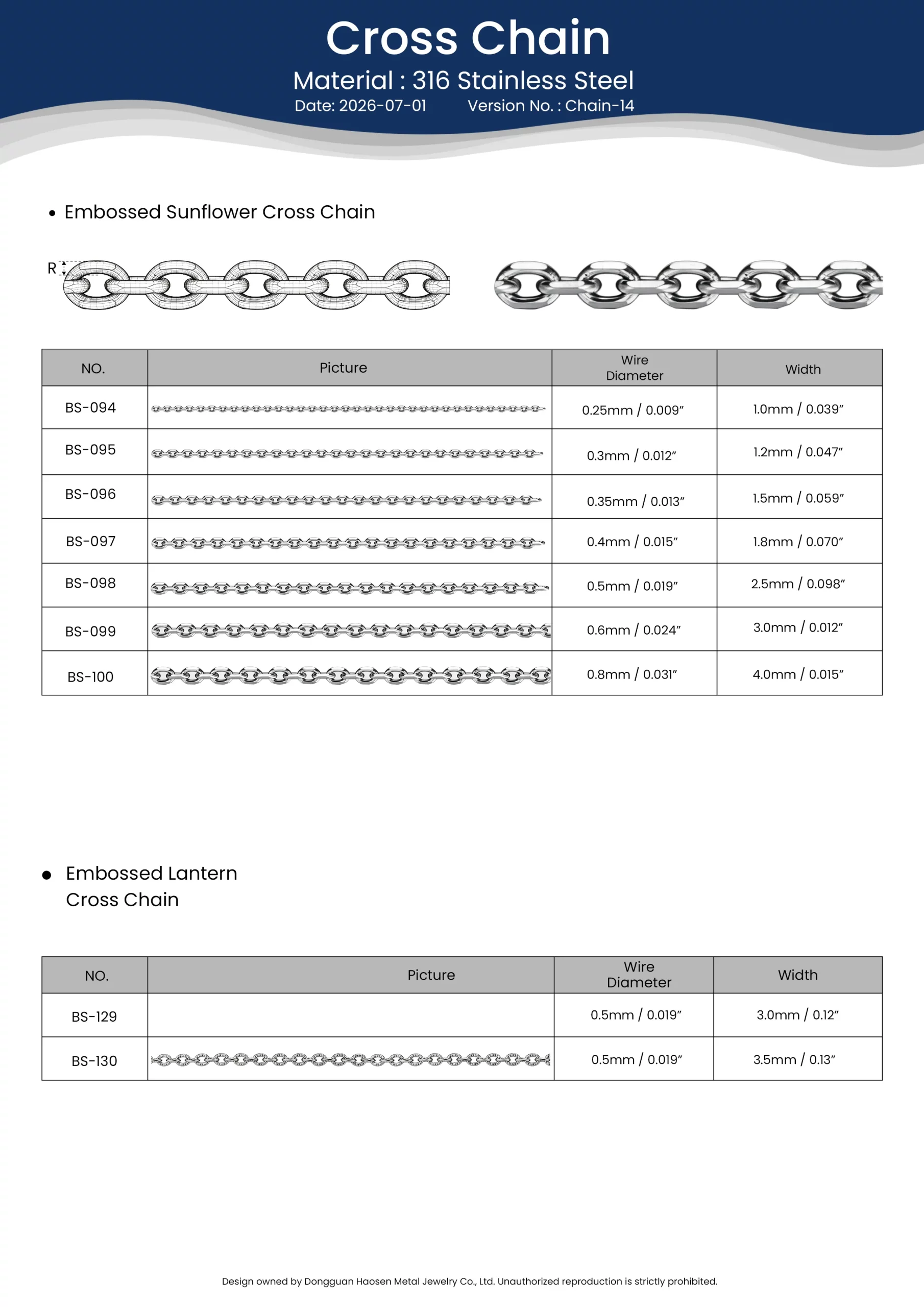 316L stainless steel Embossed Cross Chain and Lantern Cross Chain samples with size specifications