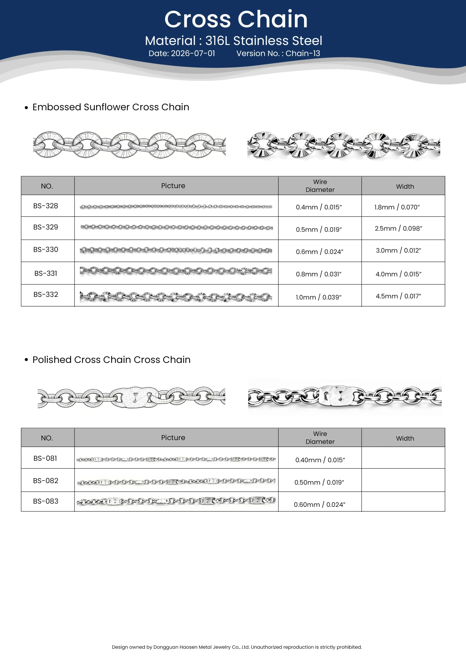 316L stainless steel Embossed Sunflower and Polished Cross Chain structure samples