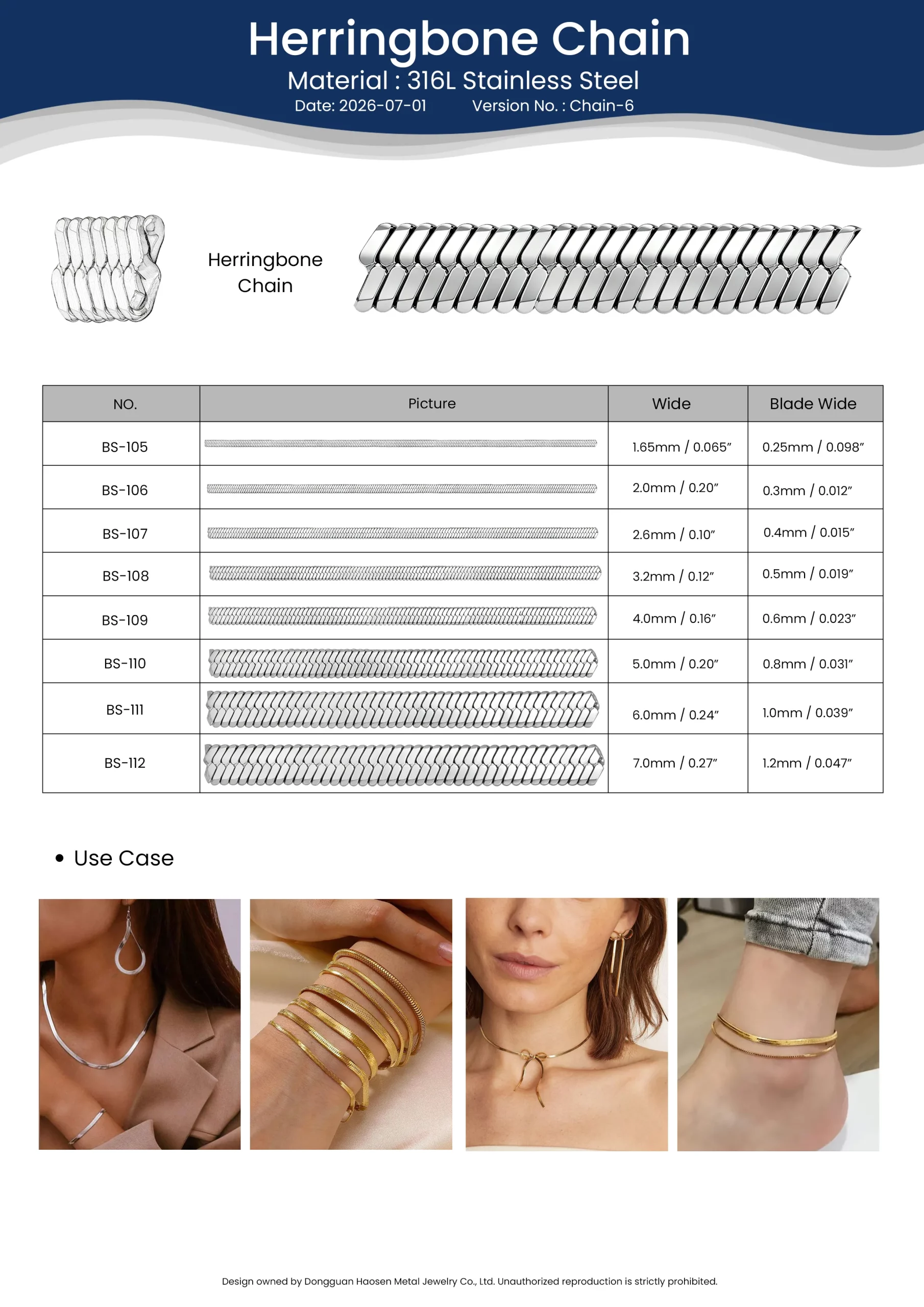 316L stainless steel Herringbone Chain sizes with width, blade width and jewelry application examples