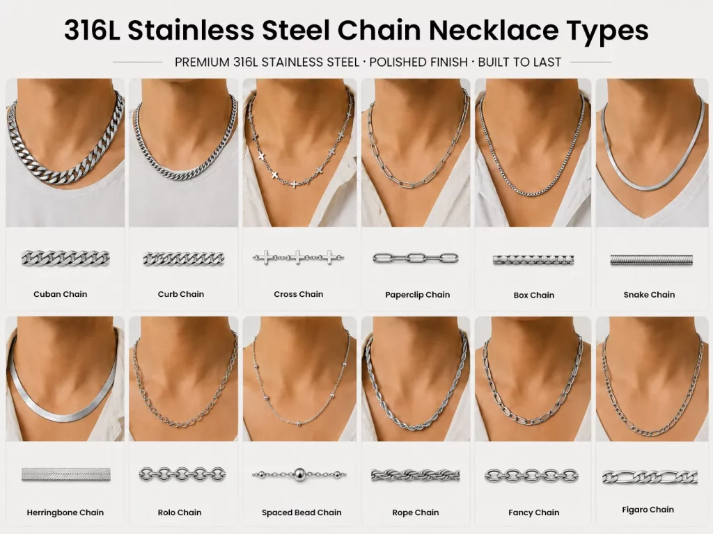 316L stainless steel necklace chain types including Cuban, Curb, Cross, Paperclip, Box, Snake, Herringbone, Rolo, Spaced Bead, Rope, Fancy and Figaro chains