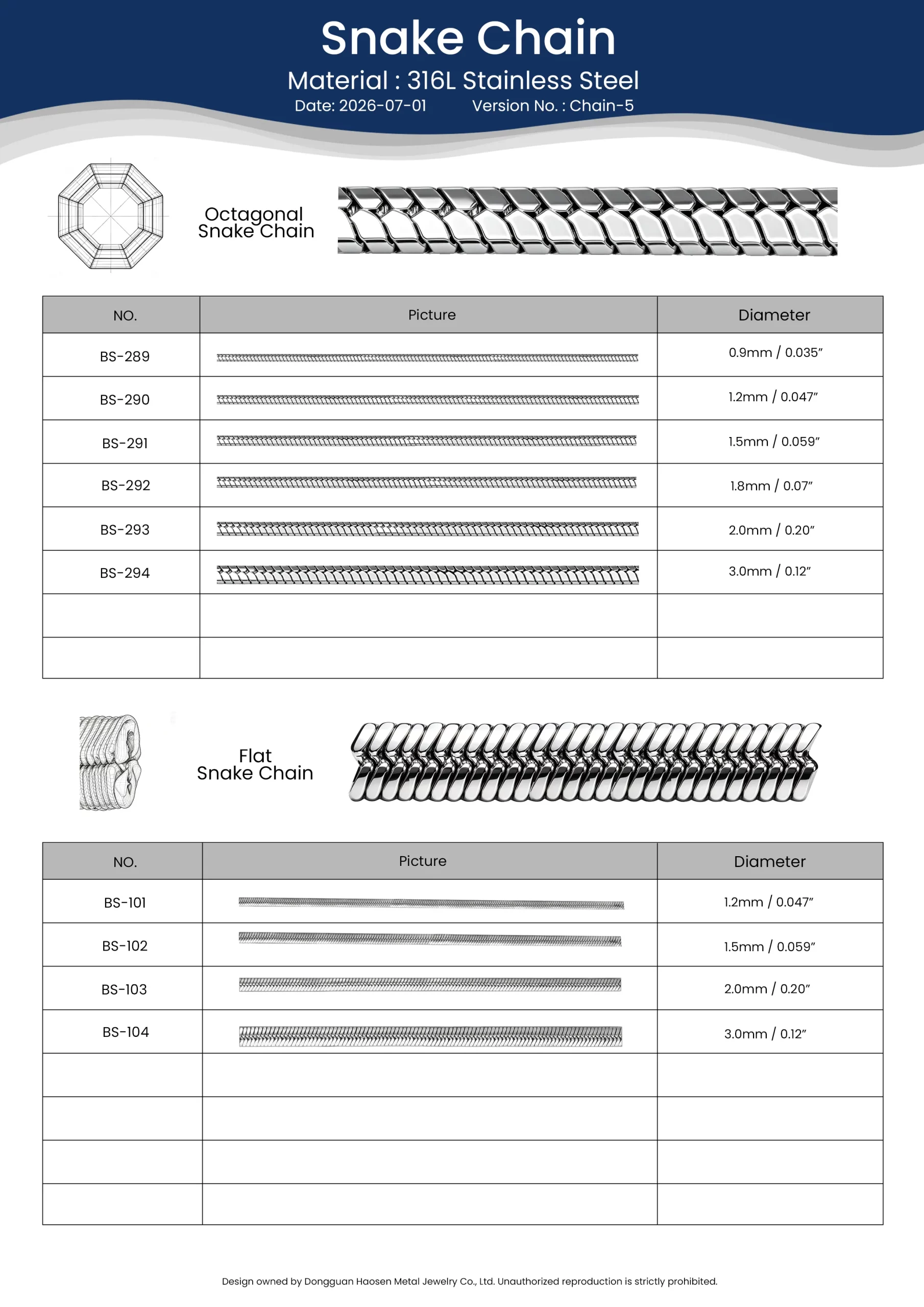 316L stainless steel Octagonal and Flat Snake Chain samples with diameter options