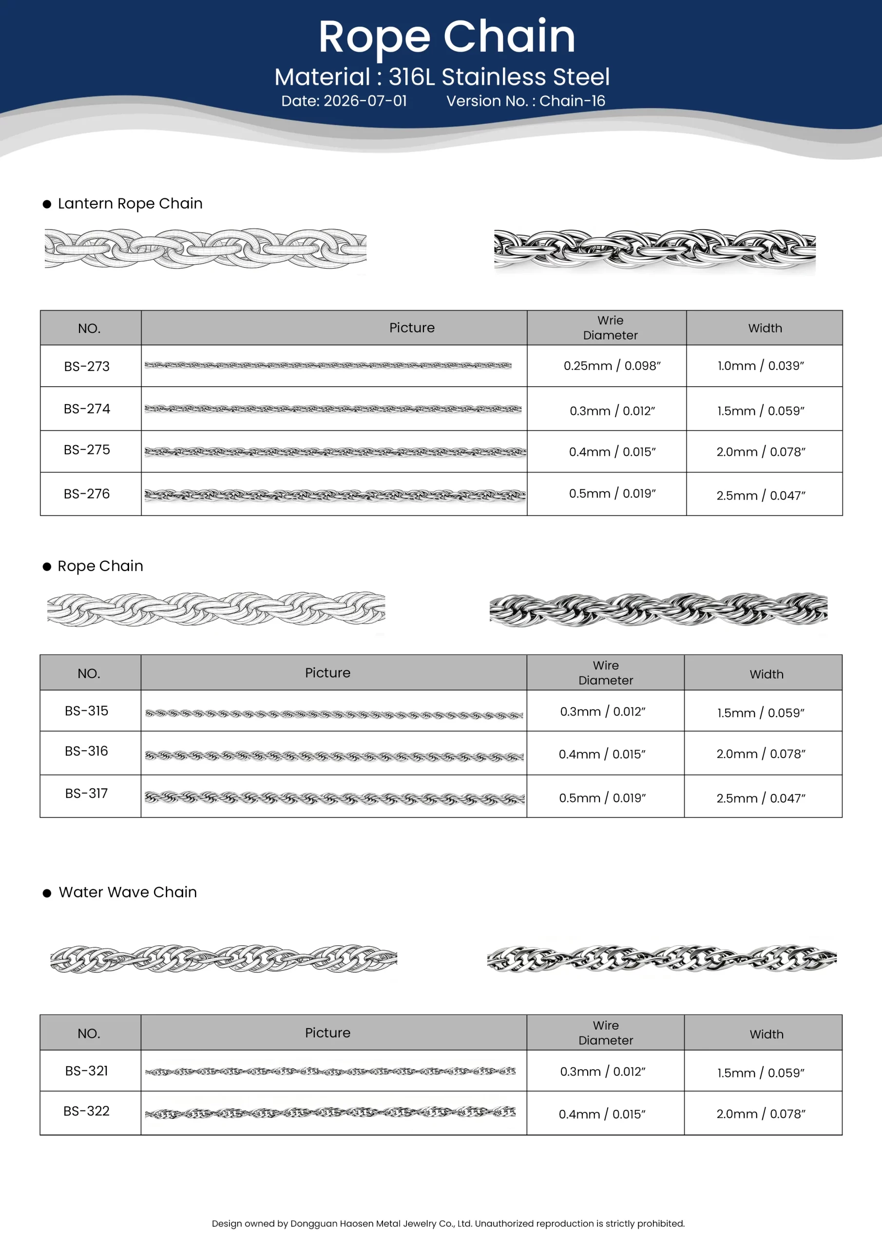 316L stainless steel Lantern Rope, Rope and Water Wave Chain samples with width options