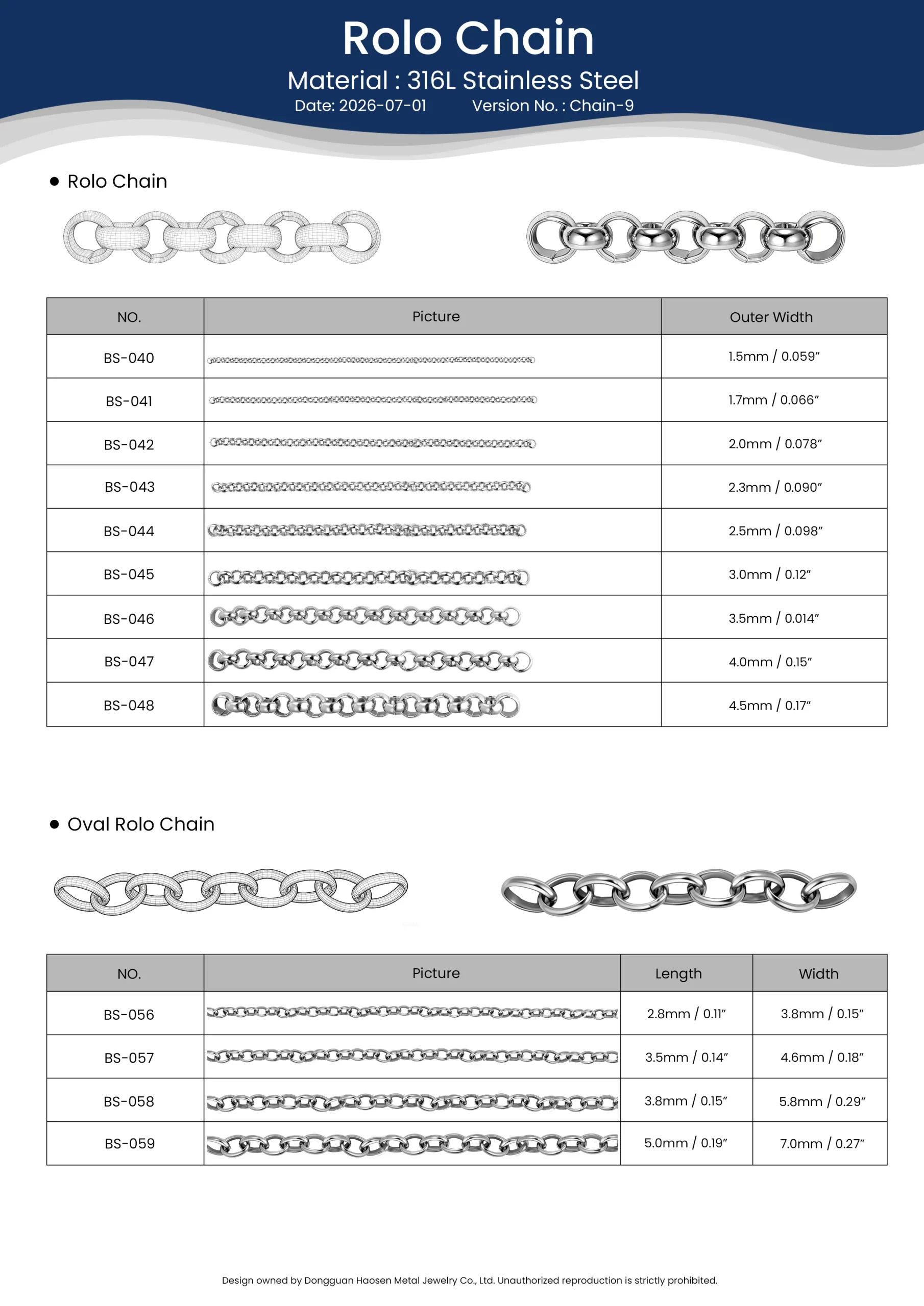 316L stainless steel Round and Oval Rolo Chain samples with link size options