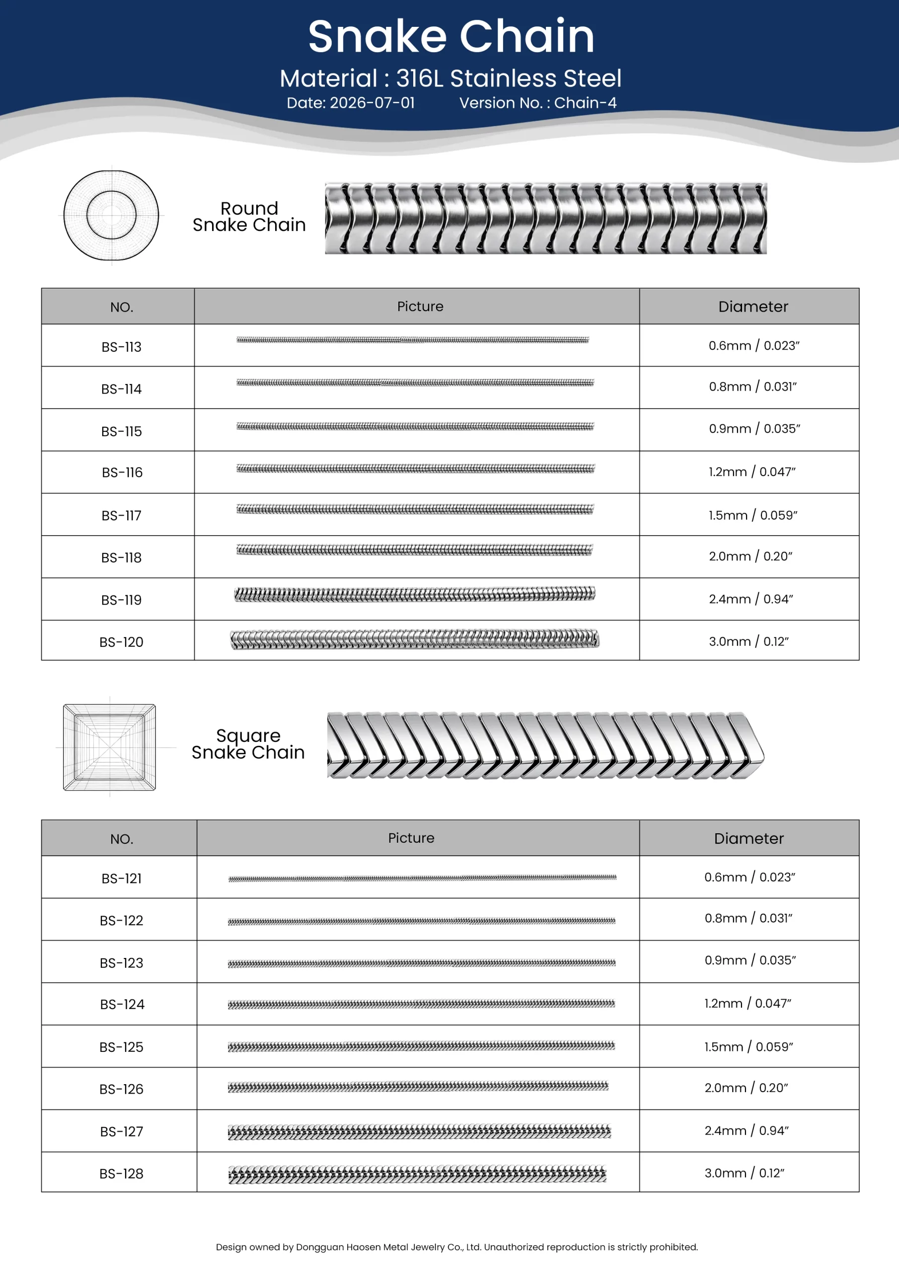 316L stainless steel Round and Square Snake Chain samples in multiple diameters