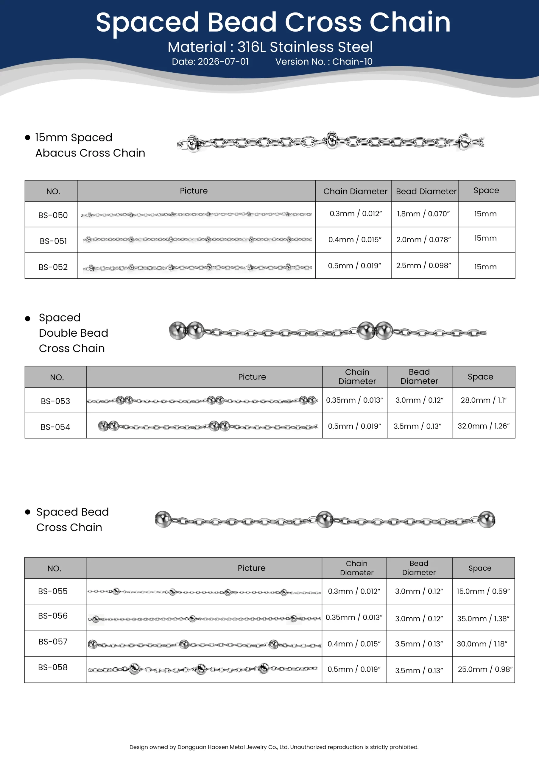 316L stainless steel Spaced Bead Cross Chain samples with bead diameter and spacing specifications