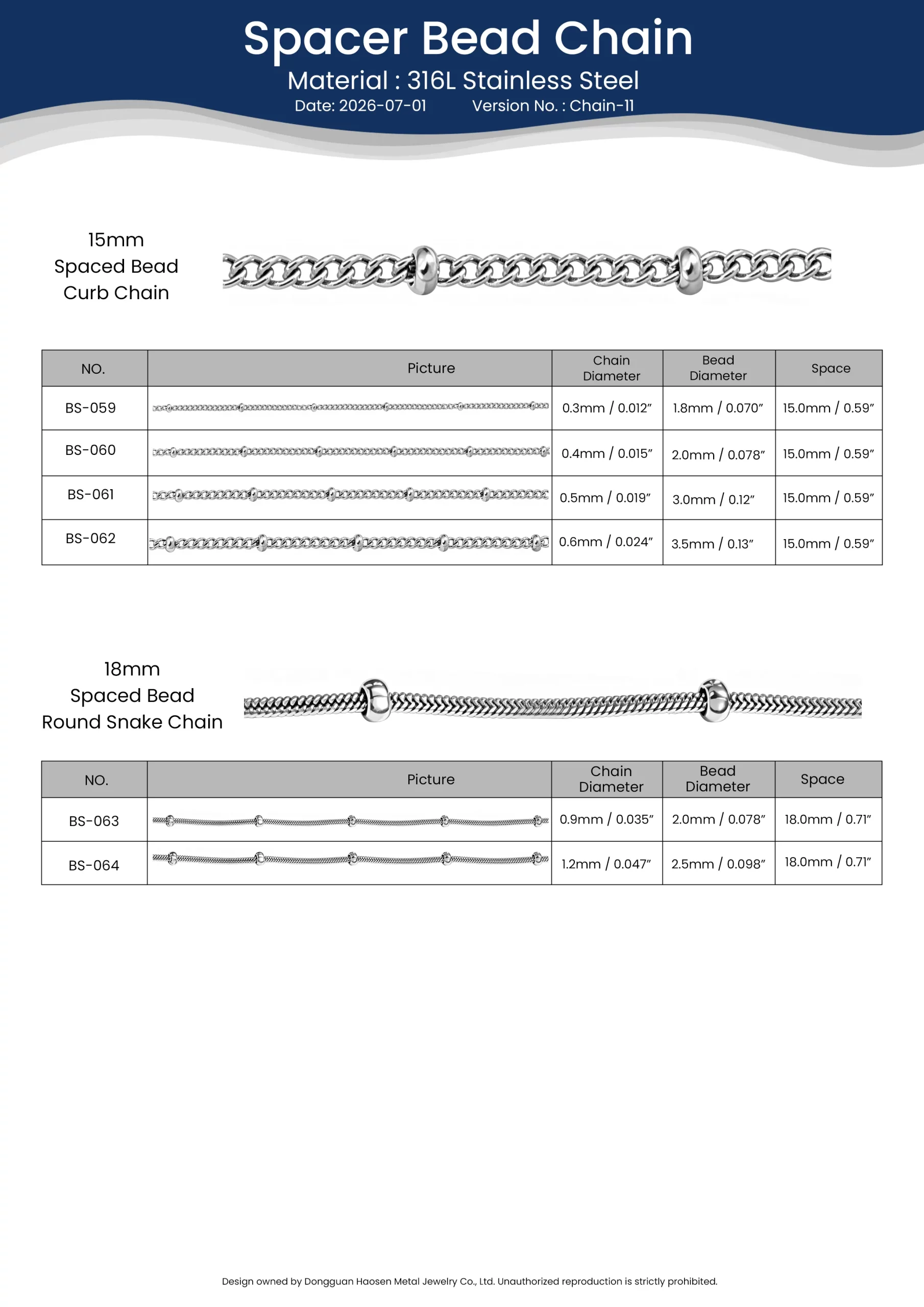 316L stainless steel Spaced Bead Curb Chain and Round Snake Chain samples