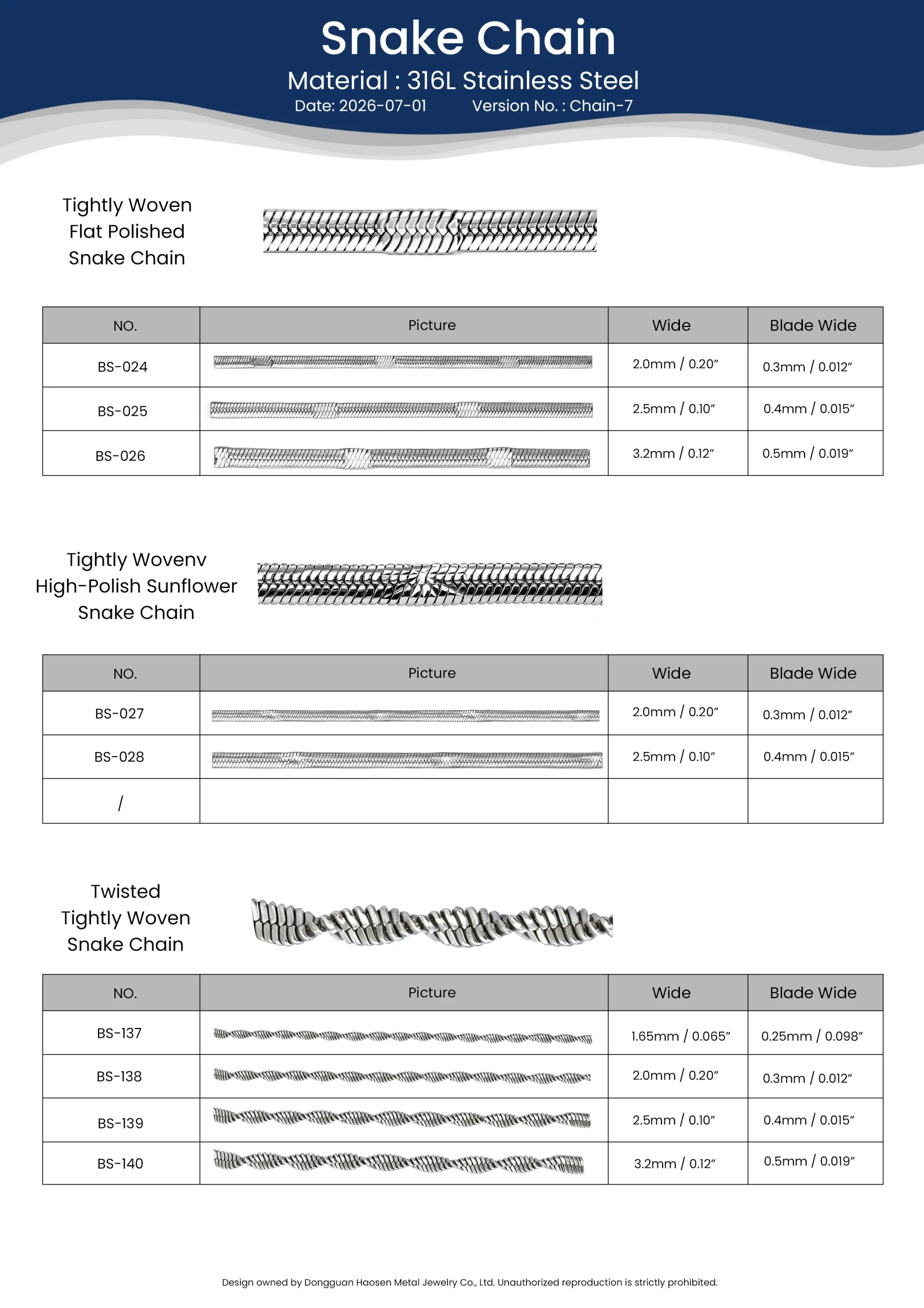 316L stainless steel tightly woven, polished and twisted Snake Chain samples