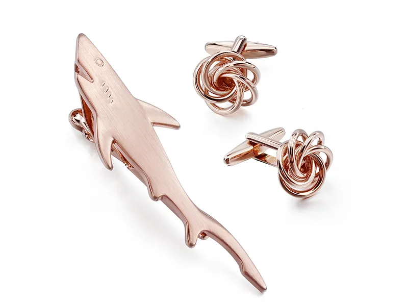 3D sculptural cufflink and tie clip set with raised details and dimensional custom design