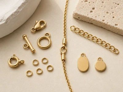 Custom brass necklace clasps, extension chains, jump rings and engravable logo tags for OEM jewelry production