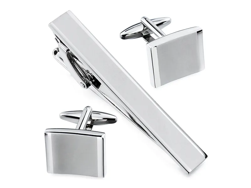 Classic cufflink and tie clip set with polished metal finish and timeless formal design