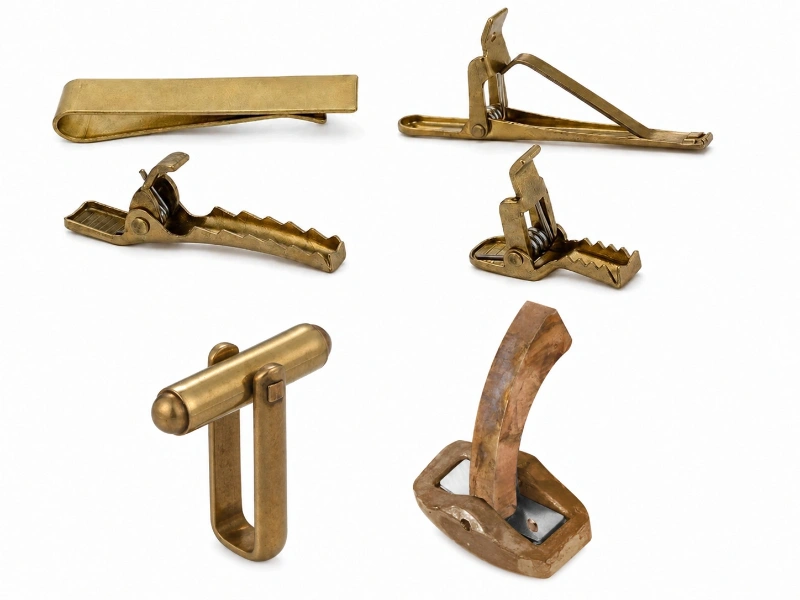 Cufflink backs and tie clip mechanisms showing spring clips, posts, chain links and closure structures for custom manufacturing.