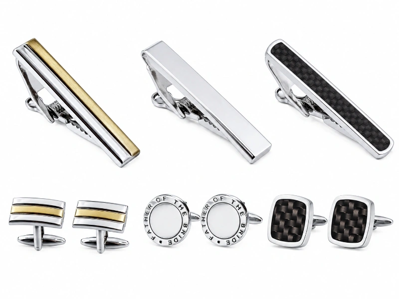 Stainless steel offers strong structural stability, a clean modern appearance, and reliable durability for custom cufflinks and tie clips.