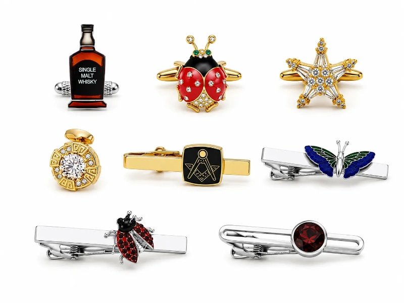 Custom cufflinks and tie clips with enamel, crystals, CZ and decorative stone details in assorted novelty designs.