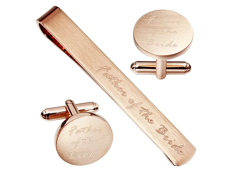 Engraved cufflink and tie clip set with custom logo, text, or pattern details