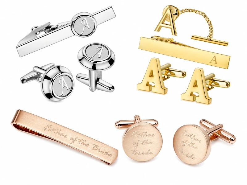 Custom logo cufflinks and tie clips with initials, monograms and personalized engraving in silver, gold and rose gold finishes.