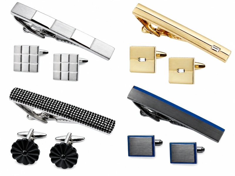 Custom cufflinks and tie clips in silver, gold, black and blue finishes with polished, brushed and textured surfaces.
