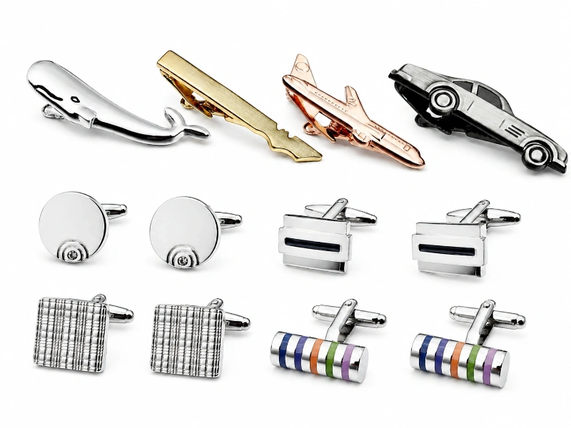 Custom cufflinks and tie clips in varied shapes, sizes and proportions, including novelty, round, square and cylindrical designs.
