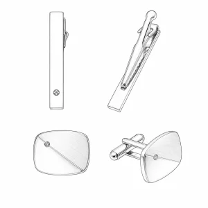 Silver cufflinks and tie clip set displayed with a navy suit and white shirt.