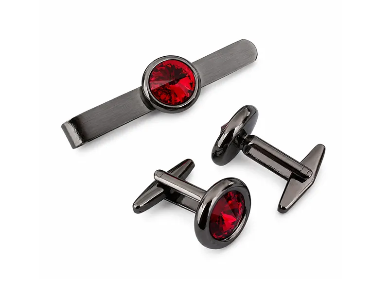Stone and inlay cufflink and tie clip set with decorative inserts and refined metal detailing