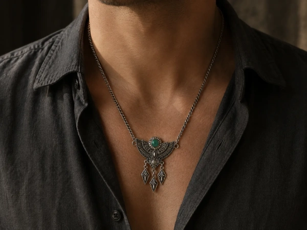 Male model wearing an antique silver-tone brass eagle pendant necklace with a green stone.