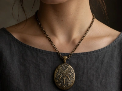 Model wearing a custom antique-finish brass oval pendant necklace from an OEM brass necklace manufacturer