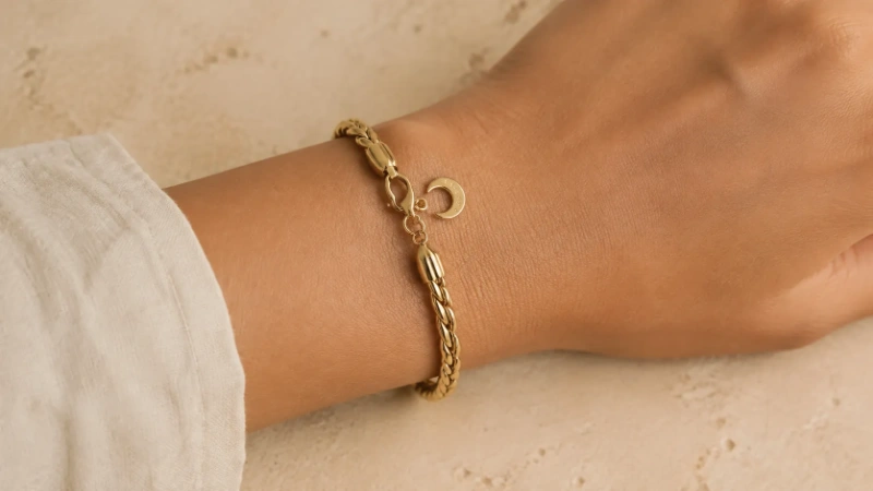 Female wrist wearing a braided gold brass chain bracelet with a crescent moon charm