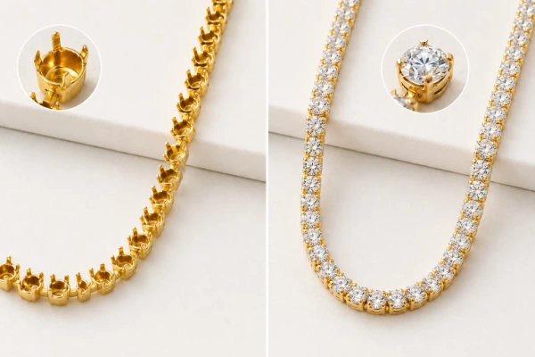 Comparison of brass claw chain before and after stone setting, showing unset prong base and finished stone-set chain.
