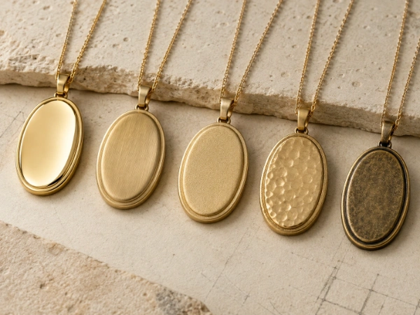 Brass necklace pendants in polished, brushed, matte, hammered and antique surface finishes.