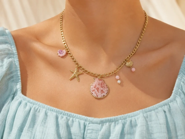 Female model wearing a gold-tone brass charm necklace with seashell, starfish and pearl details.