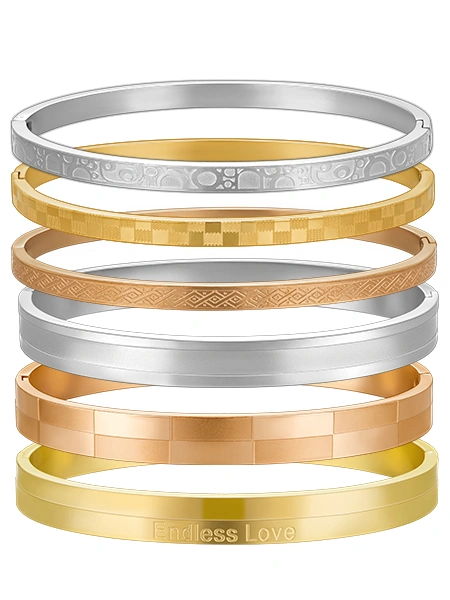 Custom stainless steel bangle finish and plating options showing stacked bracelets with polished, brushed, matte and textured surfaces in silver, gold and rose gold tones
