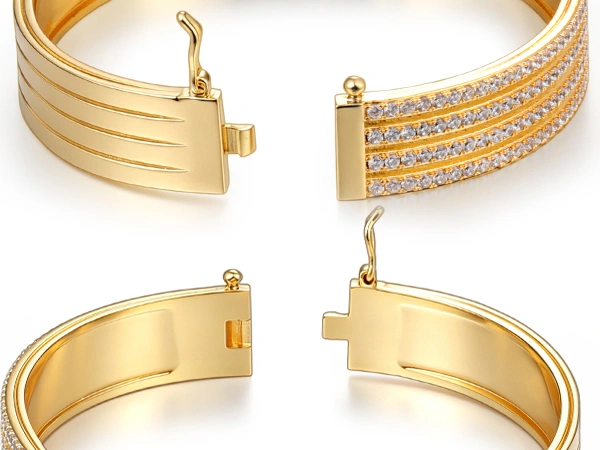 Custom bangle hinge system details with standard hinge, spring hinge and locking pin structures for jewelry brand production