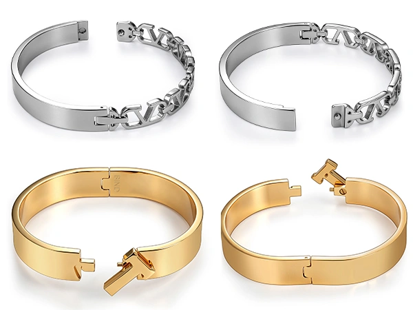 Custom stainless steel bangle structure and closure options showing hinged, spring-button, decorative clasp and link clasp designs for OEM jewelry manufacturing