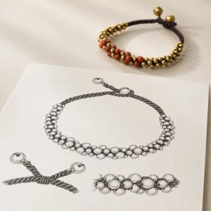 Custom brass beaded bracelet with red beads, metal beads and an adjustable braided cord closure.