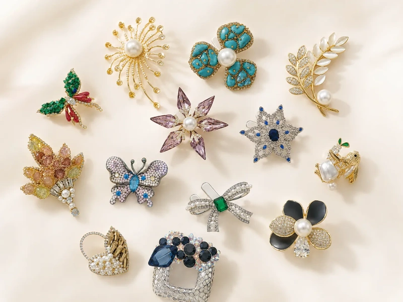Custom brass brooch manufacturer showcasing OEM pearl, crystal, enamel and gemstone brooch designs