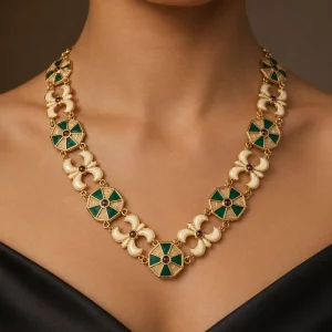 Custom brass enamel flower necklace with green geometric inlays displayed on a female model