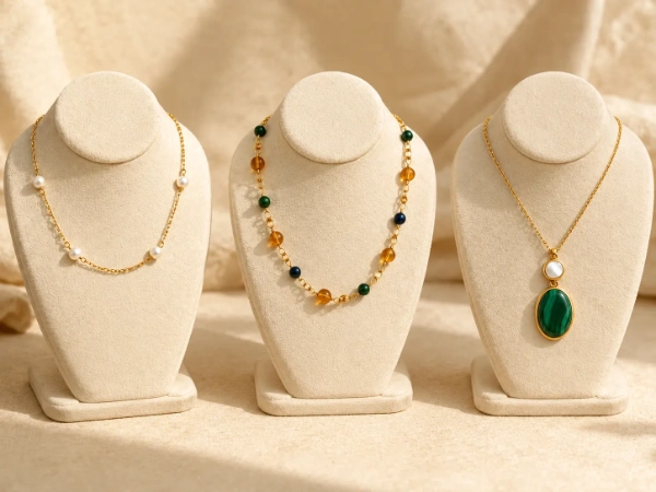 Custom brass necklace collection featuring pearl, resin bead, malachite and mother-of-pearl designs for jewelry brands