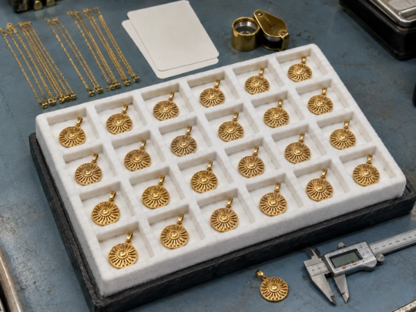 Bulk brass necklace pendants arranged for quality inspection at a custom brass necklace manufacturer.