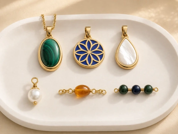 Custom brass necklace components combined with malachite, enamel, mother-of-pearl, pearl, resin and colored beads