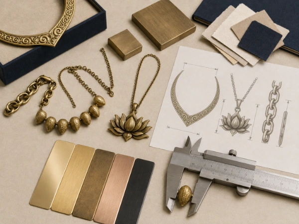Custom brass necklace OEM development with technical drawings, size measurement, finish samples and multiple locket shapes for private label jewelry brands.