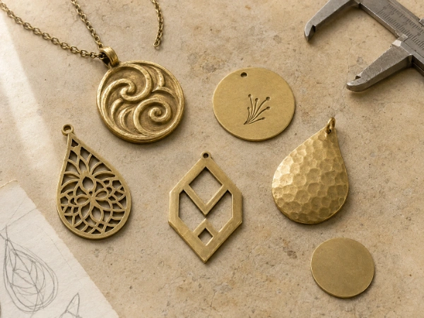 Custom brass necklace pendant options featuring cast, engraved, laser-cut and hammered designs.